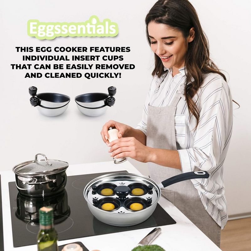 Eggssentials 4 Cup Nonstick Stainless Steel Egg Poacher Pan, Poached Egg Cooker with Spatula Included, Makes Poached Eggs Simple, Perfect for any Meal, 3 of 7