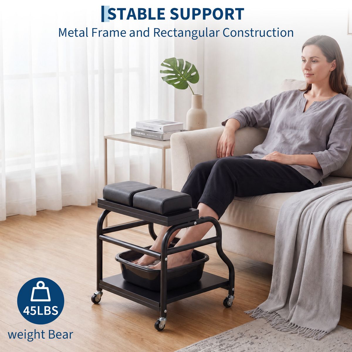 Pedicure Cart with Wheels & Leg Pads Salon Trolley, Rolling Foot Care Station with Rubber Casters & Foam Footrest for Spa & Home Use