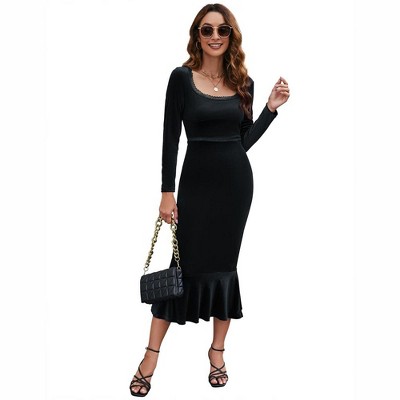 Women Mermaid Dress Long Sleeve Scoop Neck Velour Elegant Maxi Dress for Formal Occasion Bodycon Dress with Lace Trim