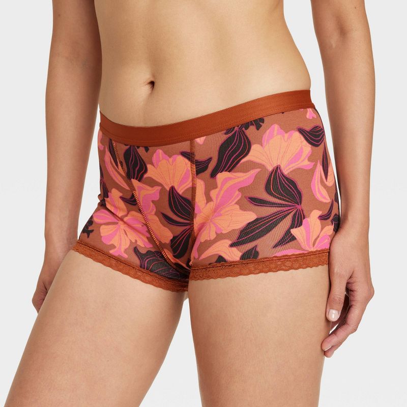 Women's Floral Print Cotton and Lace Boy Shorts - Auden™ Copper, 4 of 6