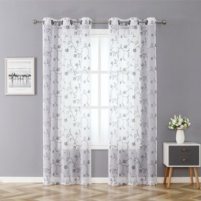 Kate Aurora 2 Piece Scroll Floral Embroidered Sheer Voile Grommet Top Window Curtains