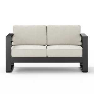 Christopher Knight Home Radek 57" Outdoor Aluminum Loveseat with Cushions, Black/Beige - 1 of 4