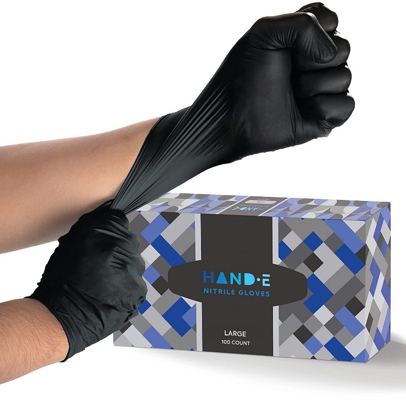 Hand-E Disposable Nitrile Medical Exam Gloves, Black, 100 Count - 5 Mil Thick, Subtle Box, Perfect for Kitchens, Tattoo Parlors & Medical Use, 1 of 6