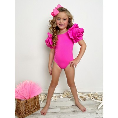 Mia Belle Girls Blooming Rose Sleeve Pink One Piece Swimsuit Mia Belle Girls, Hot Pink, 6-6X — фото 6