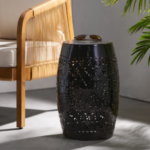 Barrel-Shaped Metal Outdoor End Table with Lace-Cut Design, Transitional Accent Table for Patio or Indoors, Patio End Tables -Christopher Knight Home - 1 of 4