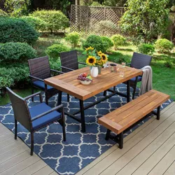 6pc Patio Dining Set with Acacia Wood Table & Bench and 4 PE Rattan Chairs - Captiva Designs