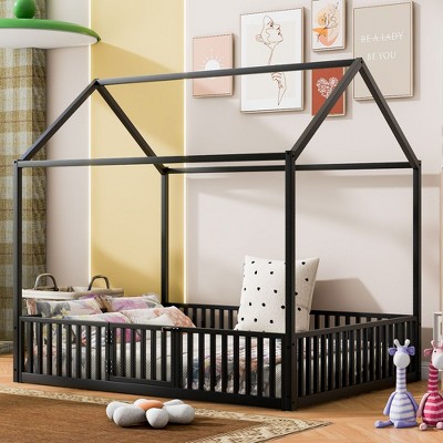 CAVINAS Twin/Full Size House Platform Bed Frame with Fence & Door,Metal Floor Bed for Kids Room,Bedroom