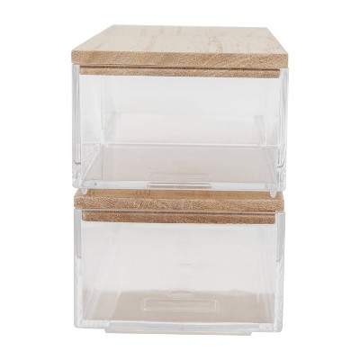 Clear Stackable Plastic Organizer Bins with Light Wood Lids, Set of 3