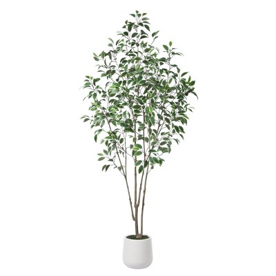 DR.Planzen 5-7FT Artificial Ficus Tree with Round White Planter, Pre Potted Faux Plant with White Border Leaves for Indoor Home Decor