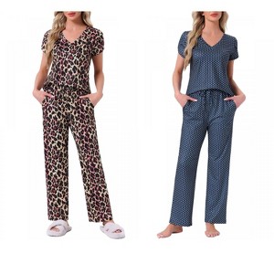 INSPIRE CHIC Women's 2 Pcs Short-Sleeve V-neck Tee & Drawstring Pants Pajama Sets with Pockets - 1 of 4