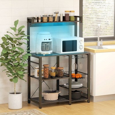 Vynxaria Baker's Rack with LED Lights for Kitchens, Industrial Microwave Stand with Glass Holders, Metal Basket, Multiple Shelves, Rustic Brown