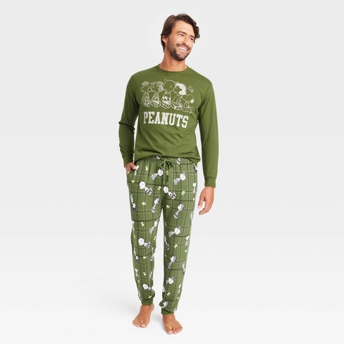 Men's Peanuts Plaid Long Sleeve Sweater Knit Pajama Set - Forest Green :  Target