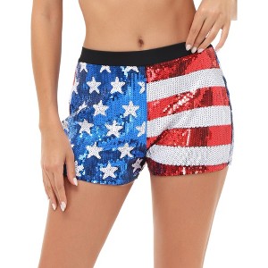 Anna-Kaci Women's Mid Rise July 4th USA Flag Star Stripes Sparkly Sequin Shorts - 1 of 4