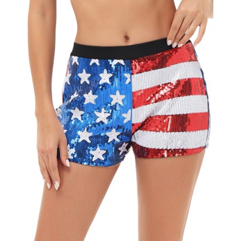 Anna-Kaci Women's Mid Rise July 4th USA Flag Star Stripes Sparkly Sequin Shorts - image 1 of 4