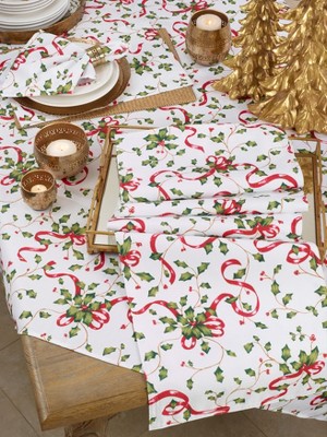 Holly and Ribbon Christmas Table Napkins Set of 12, Multicolor Polyester