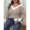 Coolmee Women's Plus Size Sweaters Fall Long Sleeve Lapel Clashing Color V Neck Sweater Cable Knit Pullover Casual Soft Jumper Top - 4 of 4