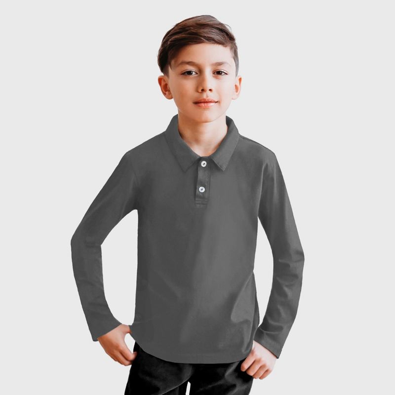 City Threads 100% Cotton Soft Knit Jersey 2-Button Long Sleeve Boys Polo Shirt - Charcoal, 3-6M