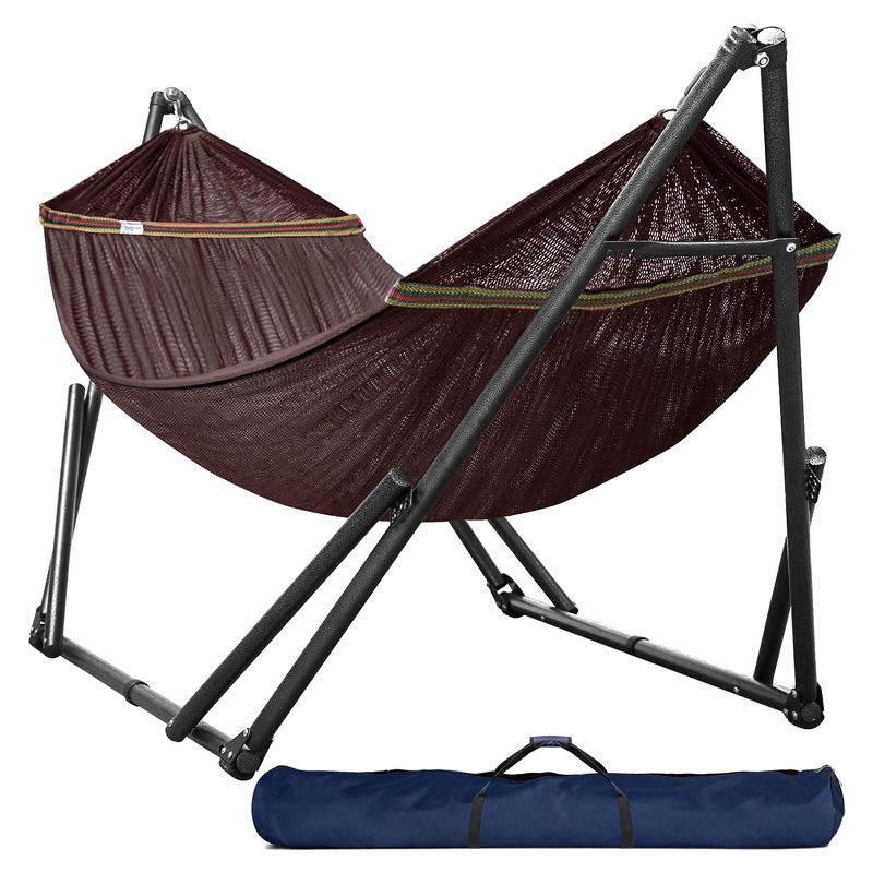 Tranquillo Universal 116" Double Hammock Swing with Adjustable Powder-Coated Steel Stand and Carry Bag for Indoor or Outdoor Use, Brown, 1 of 7