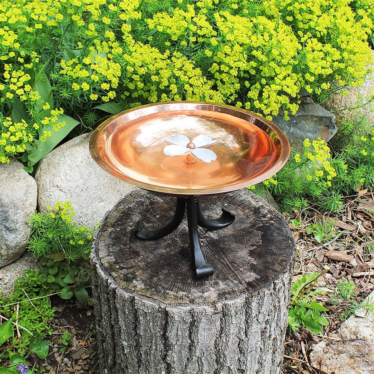 Achla Designs 8" Dogwood Garden Birdbath, Copper Plated/Patina Finish, Tripod Stand: Stainless Steel, Freestanding - thumbnail 3