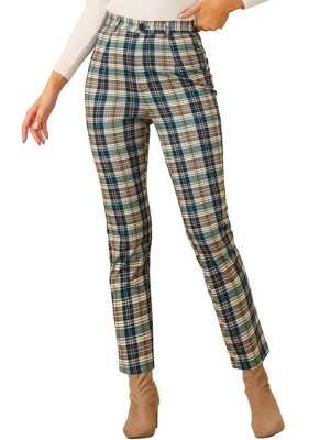 Allegra K Women's Plaid Tartan High Waisted Button Casual Pants