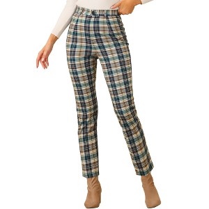 Allegra K Women's Plaid Tartan High Waisted Button Casual Pants - 1 of 4