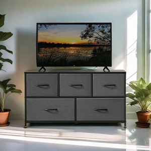 GlasFlength Decorative Storage Cabinets Tall Dresser Fabric Storage Tower ,5 Drawers Wood Top for Kid Room, Nursery, Gray 39.4"*11.8"*20.9" - 1 of 4