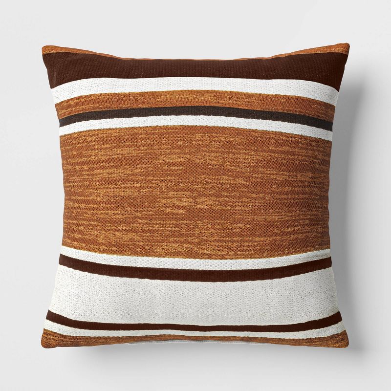 18&#34;x18&#34; Bold Stripe Square Outdoor Throw Pillow Assorted Browns - Threshold&#8482;, 1 of 6