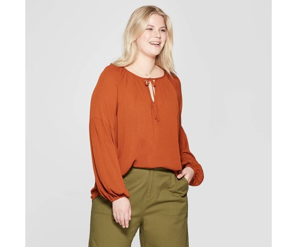 Women's Plus Size Long Sleeve V-Neck Poet Blouse - Ava & Viv&#153; Brown 2X