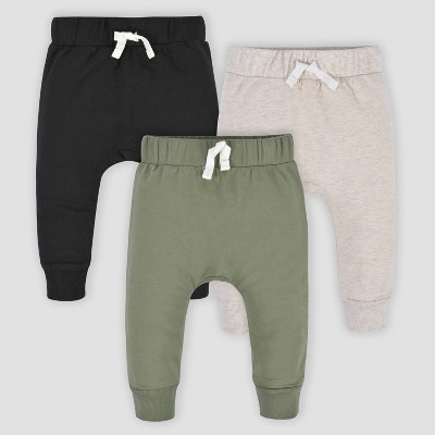 Image of Gerber Baby Boys' 3pk Premium Jogger Pants - Black/Green/Cream 0-3M