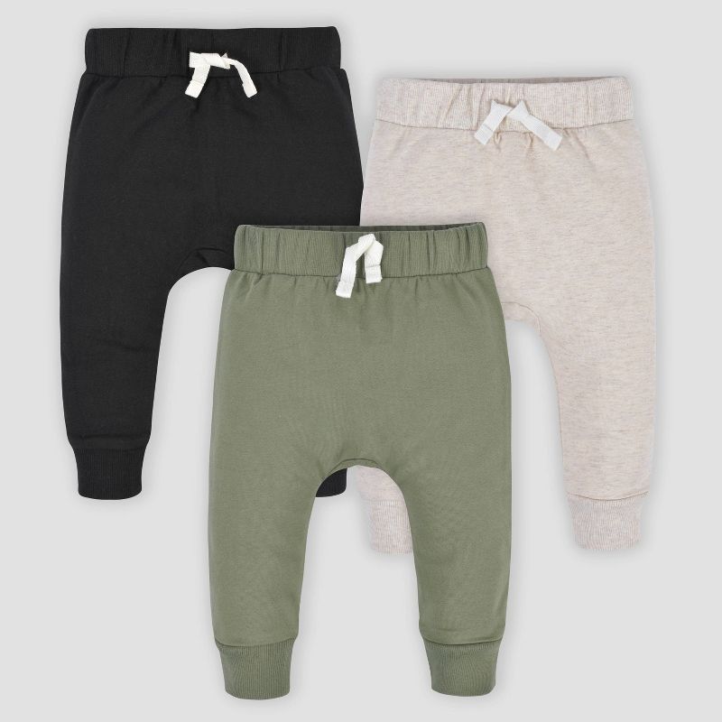 Gerber Baby Boys' 3pk Premium Jogger Pants - Black/Green/Cream, 1 of 9