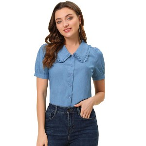 Allegra K Women's Chambray Peter Pan Collar Puff Sleeve Vintage Blouse - 1 of 4