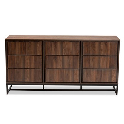Neil Walnut Brown and Black Metal 3-Door Dining Sideboard