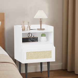 Nightstand 2-piece set, natural rattan side table with charging dock, with drawers and storage shelves, farmhouse bedroom charging nightstand - 1 of 4