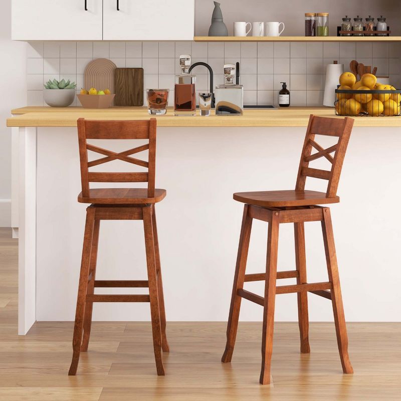 Costway 2 PCS 24"/30" Counter/Bar Height Stool Rubber Wood Swivel Bar Stool with Inclined Backrest Walnut, 2 of 9