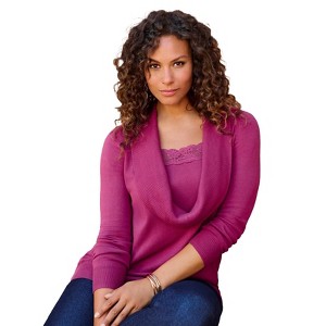 Roaman's Women's Plus Size Lace Trim Cowl Neck Sweater - 1 of 4