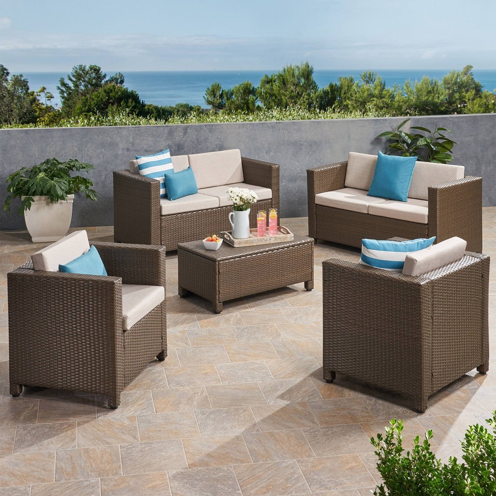 Puerta 5pc Faux Rattan Loveseat Chat Set Brown Ceramic Gray Christopher Knight Home