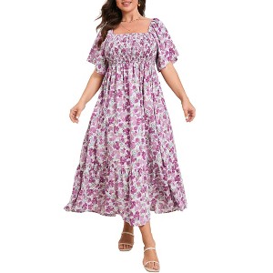 Coolmee Womens Plus Size Summer Casual Maxi Dress Short Sleeve Square Neck Smocked A Line Flowy Long Sundresses - 1 of 1