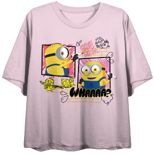 Minions Kevin & Stuart Whaaa? Women’s Cradle Pink Crew Neck Short Sleeve Crop Top - 1 of 2