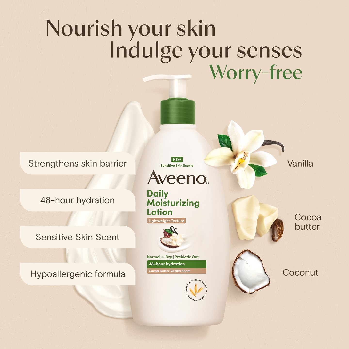 Увлажняющий лосьон Aveeno Daily Moisturizing с овсом, Cocoa Butter Vanilla, 18 fl oz — фото 3