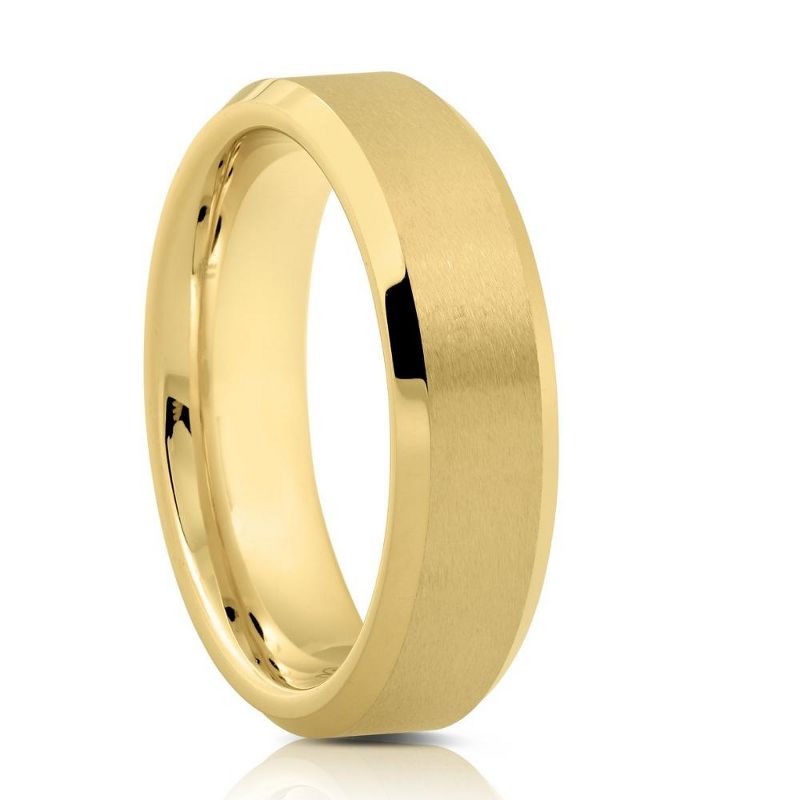 Pompeii3 Mens Gold Plated Tungsten Ring 6mm Comfort Fit Brushed Beveled Edge Wedding Band, 2 of 5