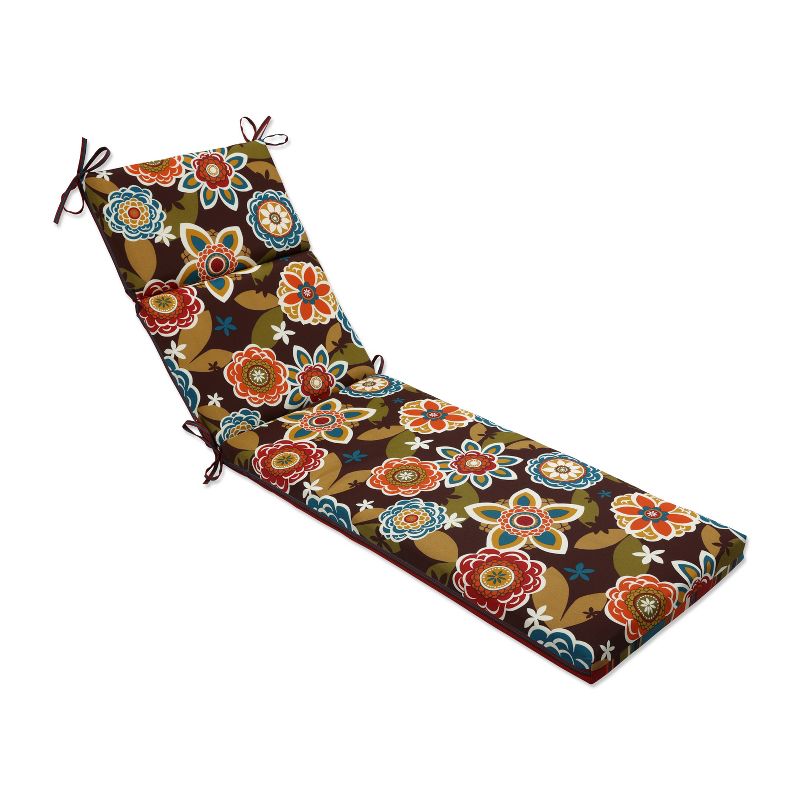 Outdoor Reversible Chaise Lounge Cushion- Brown/Turquoise Floral/Stripe - Pillow Perfect, 1 of 12