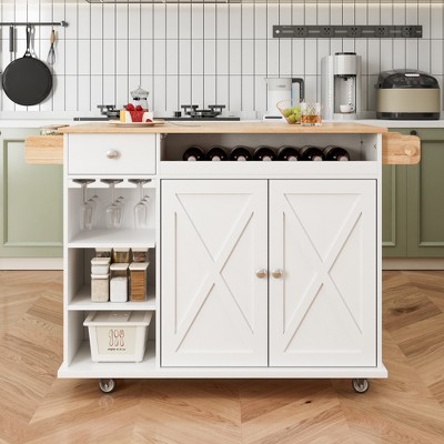 DOMETOUR 44 Inch Kitchen Island Cart with Solid Wood Top, Wine Storage, Rolling Kitchen Island Table with Wheels