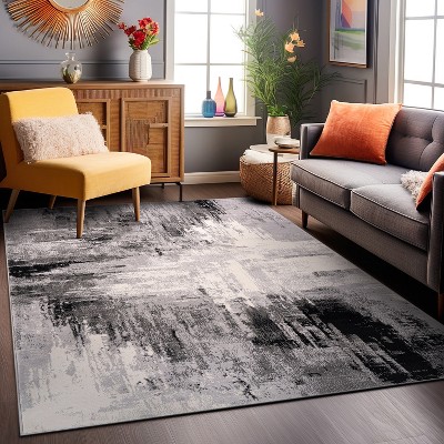 Black and Gray Abstract Synthetic 8' x 10' Area Rug