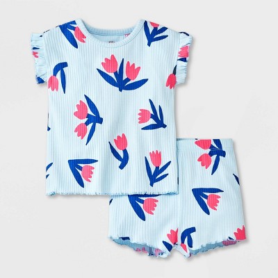 Image of Baby Ruffle Ribbed Top & Bottom Set - Cat & Jack™ Blue 3-6M