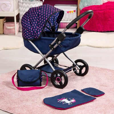 Blue and Pink Hearts 4-in-1 Toy Baby Doll Pram Stroller Set