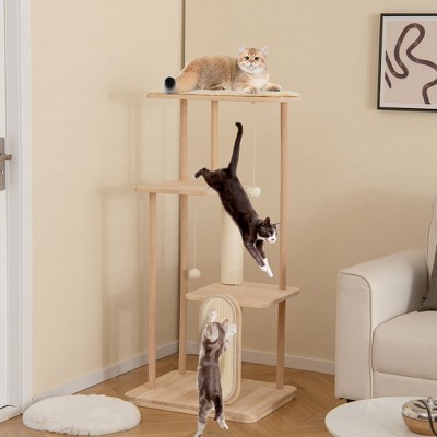 Natural Wood Multi-Level Cat Tree with Sisal Scratching Posts