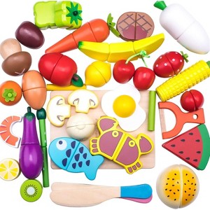 iPlay, iLearn Wooden Pretend Play Food, Cutting Cooking Set W/Chopping Board - 1 of 3