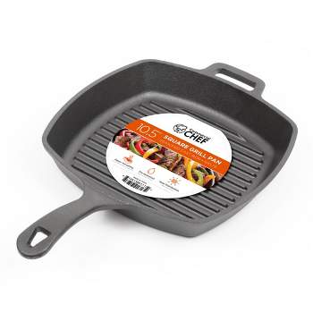 COMMERCIAL CHEF Pre-Seasoned Cast Iron Square Grill Pan 10.5" for Searing, Black