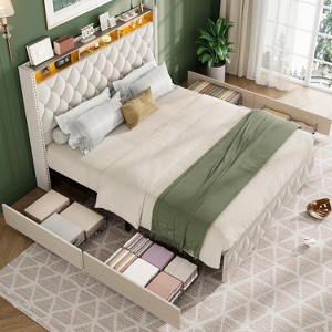 Bed Frame with Tall Headboard, USB Charging Station & Led Lights Platform Velvet Upholstered Bed with 4 Storage Drawers No Box Spring Needed - 1 of 4