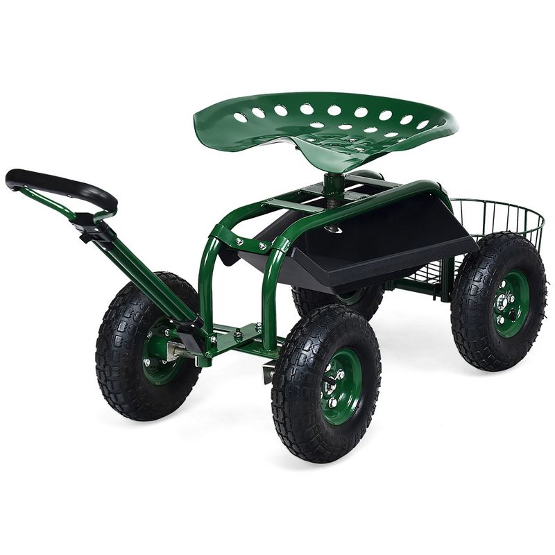 Costway Garden Cart Rolling Work Seat w/Tray Basket E xtendable Handle Green, 1 of 11